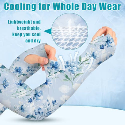Bebila Gardening Sleeves for Women Farm UV Sun Protection Anti-Scratch Cooling Sleeves with Thumb Hole Arms Cover Outdoors - color: Blue Rose