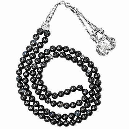 Amazing Gemstone Black Banded Agate Tasbeeh with Moon and Star Charm - Certified Crystal Muslim Prayer Beads Natural Gemstone Tasbih Gift for Ramadan Dhikr and Daily Namaz (S) - color: Black Banded Agate