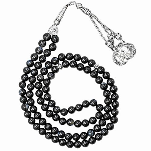 Amazing Gemstone Black Banded Agate Tasbeeh with Moon and Star Charm - Certified Crystal Muslim Prayer Beads Natural Gemstone Tasbih Gift for Ramadan Dhikr and Daily Namaz (S) - color: Black Banded Agate