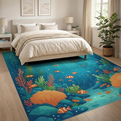 8'x10' Washable Graphic Fish Large Rug, Teal Non-Shedding Pet Friendly Carpet Foldable Easy Care Mat for King Size Bedroom, Master Suite, Under Bed | Ref:1910466 - color: Blue/Pattern 40, size: 8' x 10' (Rectangular)