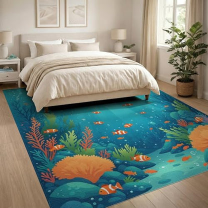 8'x10' Washable Graphic Fish Large Rug, Teal Non-Shedding Pet Friendly Carpet Foldable Easy Care Mat for King Size Bedroom, Master Suite, Under Bed | Ref:1910466 - color: Blue/Pattern 40, size: 8' x 10' (Rectangular)