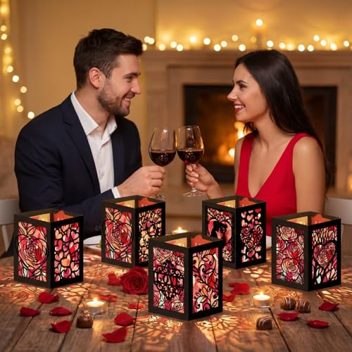 Retisee 24 Pcs Valentine's Day Decorations Paper Lanterns Craft Kits Valentine's Day Candles Holders Paper Boxes Lanterns DIY Craft Kits for Home Decorations Art Project - style: Valentine's Day