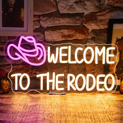 WLHOPE Welcome To The Rodeo Neon Sign Cowboy Hat Led Lights Dimmable Light Signs for Wall Decor 16.5 x 8.6 inches USB Powered Licked Light Signs for Bar Home Club Party Western Bedroom Decoration - color: Welcome to the Rodeo