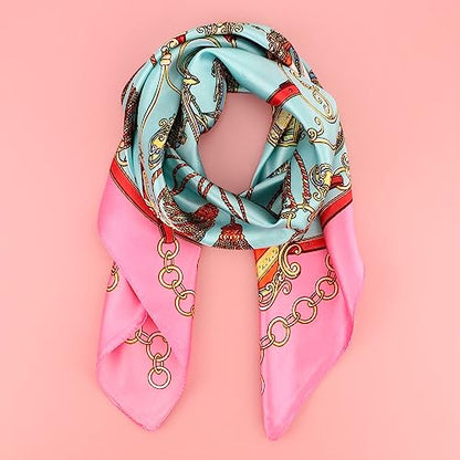 DRESHOW 35” Large Square Satin Head Scarf - 4Pcs Silk Accessories Classic Patterned Squares Beach Bandanas for Women - color: 4 Pcs Patterned: Pink, Orange, Blue, Navy Blue