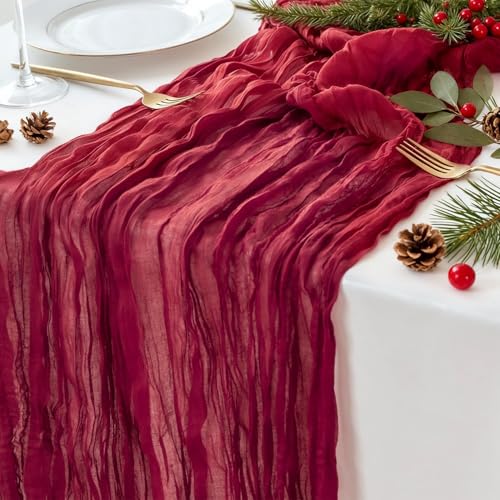 Sioloc Burgundy Red Cheesecloth Table Runner Fall Autumn Decor for Home 10ft Table Cloth for Wedding Birthday Party Bridal Shower Christmas Halloween Thanksgiving - color: Burgundy, size: 1pc