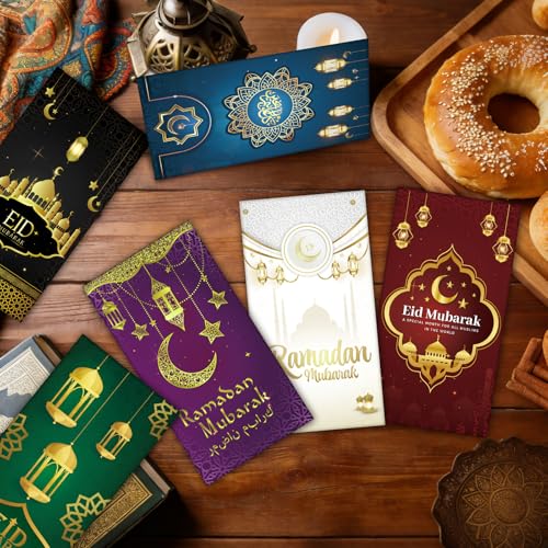 24Pcs Eid Mubarak Money Envelopes for Cash Ramadan Gifts Cards Holders Eid Holiday Pocket Envelope for Money Islamic Muslim Mubarak Cards, 6 Colors