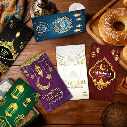 24Pcs Eid Mubarak Money Envelopes for Cash Ramadan Gifts Cards Holders Eid Holiday Pocket Envelope for Money Islamic Muslim Mubarak Cards, 6 Colors