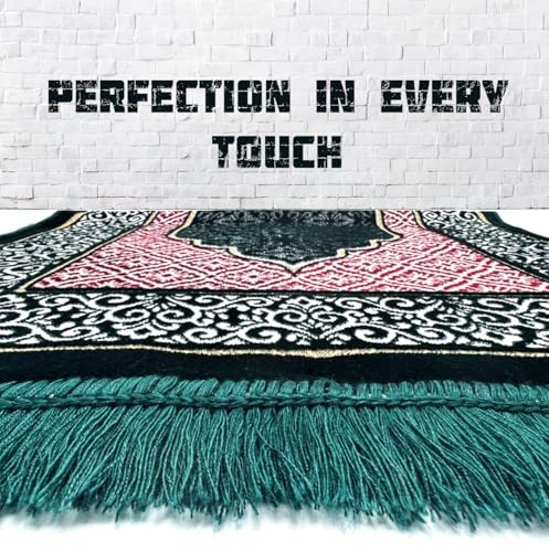 Velvet Islamic Prayer Rug Set (Thick Prayer Mat - 99 Tasbih Prayer Beads - Black Cotton Kufi Hat) Eid and Ramadan Gift for Muslims (Green) - color: Green