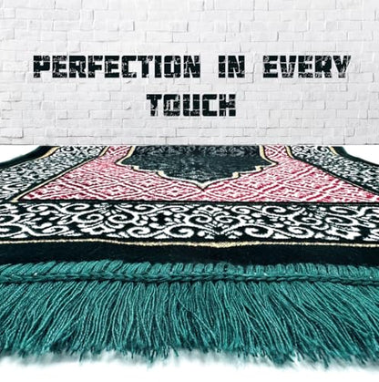 Velvet Islamic Prayer Rug Set (Thick Prayer Mat - 99 Tasbih Prayer Beads - Black Cotton Kufi Hat) Eid and Ramadan Gift for Muslims (Green) - color: Green