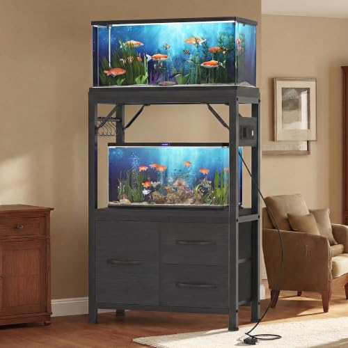 Heybly 5-10 Gallon Fish Tank Stand, Aquarium Stand with Drawer, Power Outlet, Heavy Duty Metal Frame, for Fish Tank, Turtle & Reptile Terrarium, 20.5" × 10.2" Top, 200lbs, Black HAS002SBK-1 - color: Black, size: 5-10 gal