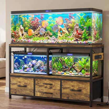 Heybly 55-75 Gallon Fish Tank Stand, Aquarium Stand with Drawer, Power Outlet, Heavy Duty Metal Frame, for Fish Tank, Turtle & Reptile Terrarium, 36.2" L × 18.1" Top, 660lbs(Top)+400lbs(Mid), Rustic Brown HAS005SR - color: Rustic Brown, size: 55-75 gal
