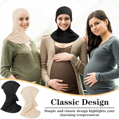 4 Pieces Modal Hijab Cap Adjustable Muslim Stretchy Turban Full Cover Shawl Cap Full Neck Coverage for Lady - color: Black, White, Light Khaki, Beige