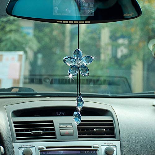 Crystal Flower Car Rear View Mirror Pendant - Blue Car Hanging Ornament Lucky Accessory - color: Blue
