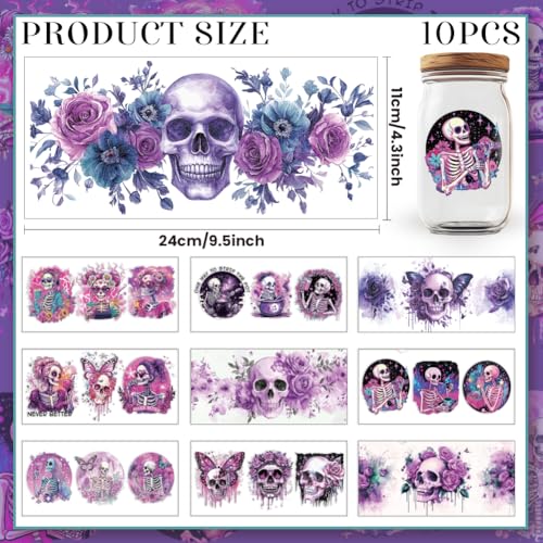 10 Sheets UV DTF Cup Wraps, 10 Styles Magic Style Stickers Cartoon Skull Rub on Decals Purple Waterproof Transfer Stickers for Glass Cups Wood Crafts - style: Magic Style