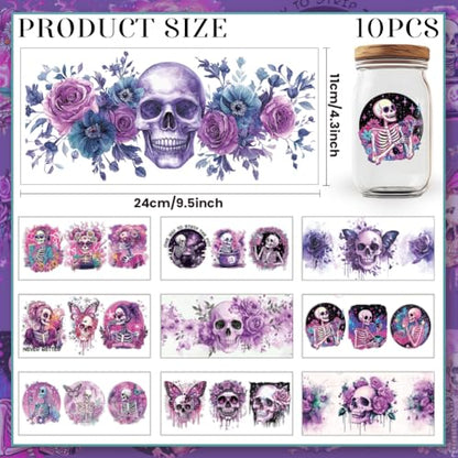 10 Sheets UV DTF Cup Wraps, 10 Styles Magic Style Stickers Cartoon Skull Rub on Decals Purple Waterproof Transfer Stickers for Glass Cups Wood Crafts - style: Magic Style