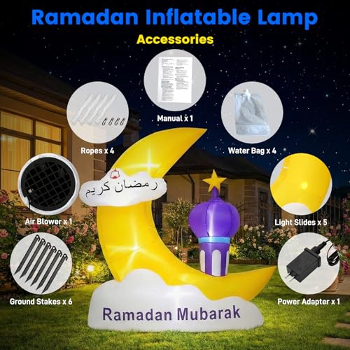 Inflatable Ramadan Decorations 6.1FT Outdoor, Muslim Eid Mubarak Blow Up with LED Lights, Waterproof Islamic Ramadan Moon & Star Decor for Garden Yard Lawn Fasting Celebration
