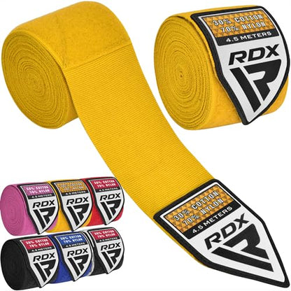 RDX Boxing Hand Wraps 4.5M / 180 Inches – Mexican Style Semi-Elastic MMA Inner Gloves - Wrist Support for Muay Thai, Kickboxing, BJJ, Karate - Thumb Loop & Hook and Loop Closure - Cotton & Nylon Blend - color: Yellow