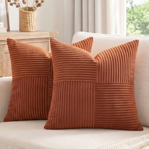 Fancy Homi 2 Packs Rust Boho Decorative Throw Pillow Covers 18x18 Inch for Couch Bed Sofa, Farmhouse Fall Home Decor, Soft Corss Corduroy Patchwork Textured Terracotta Accent Cushion Case 45x45 cm - color: Rust, size: 18" x 18" (Pack of 2)