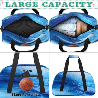 Custom Name Sports Basketball Bag Boys, Watercolor Blue Geometric | Personalized Named Practice Travel Overnight Training Bag - color: Color 14