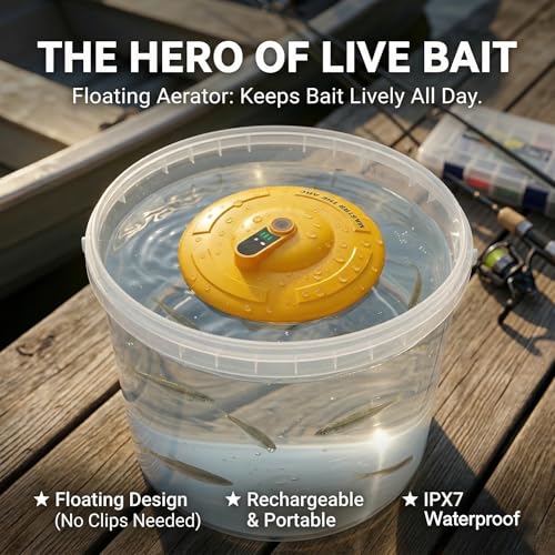 Ipx7 Floating & Rechargeable Bait Bucket Aerator Ultra, Aerator for Fish, Perfect for Fish Tank Use, Bait Bucket Storage, and Secure Live Bait Transportation During Fishing Trips