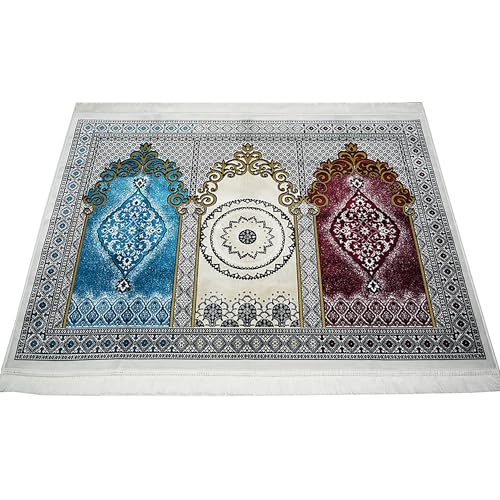 Modefa Muslim Prayer Rug - Wide Multi Person Plush Velvet Medallion 17-1 | For 3 People Praying Mat, Salah Group Carpet - color: Red / Beige