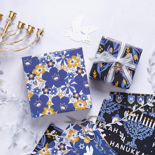 RUSPEPA Hanukkah Wrapping Paper Sheets, Menorah, Star of David, Dreidel and Floral Design, Blue and Gold Gift Wrap Perfect for Jewish Holiday Gifts and Christmas, 6 Folded Sheets, 19.68 X 27.5 Inch - color: Dark Blue Hanukkah