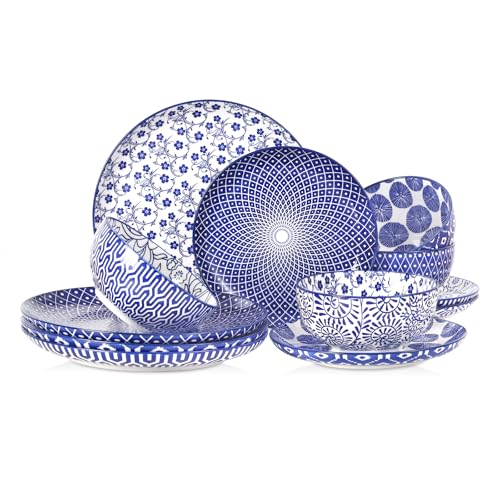 Selamica Ceramic Plates and Bowls Sets,12 Pieces Dinnerware Sets for 4,Scratch Resistant Dish Set,Dishwasher & Microwave Safe, Vintage Blue - color: Vintage Blue, size: Service for 4 (12 Pcs)