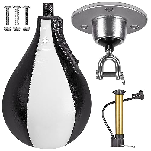 Benelabel Boxing Speed Bag with 360° Swivel Mount Premium Leather Boxing Speed Bag with Hanger and Inflator - Easy to Install and Use - Improve Your Speed and Reflexes - color: White and Black Speed Bag with Swivel