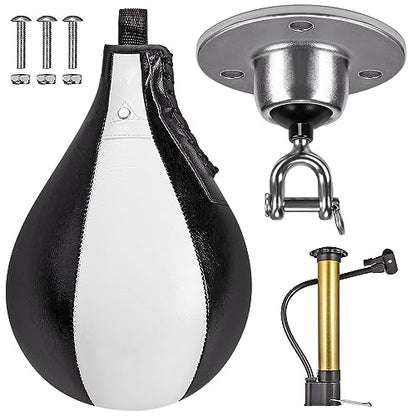 Benelabel Boxing Speed Bag with 360° Swivel Mount Premium Leather Boxing Speed Bag with Hanger and Inflator - Easy to Install and Use - Improve Your Speed and Reflexes - color: White and Black Speed Bag with Swivel