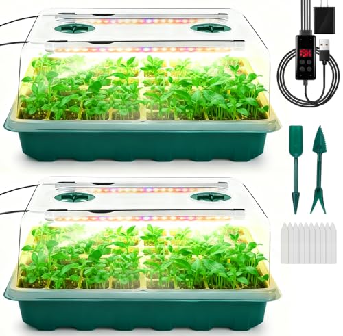 Seed Starter Tray with Grow Light, 96-Cell Seed Starter Kit, Seedling Starter Trays with Humidity Domes, Automatic Timer, Adjustable Light Indoor Gardening Plant Germination Trays - color: Green 2 Set