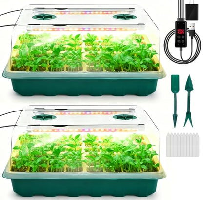 Seed Starter Tray with Grow Light, 96-Cell Seed Starter Kit, Seedling Starter Trays with Humidity Domes, Automatic Timer, Adjustable Light Indoor Gardening Plant Germination Trays - color: Green 2 Set