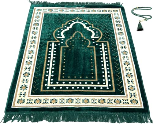 Prayer Mat Rug for Muslim Men, Women or Kids, Portable Praying Mat and Prayer Beads Sets for Islamic Gifts – Muslim Prayer Rug For Ramadan, Umrah, Hajj - Turkish Rug for Meditation and Worship (GREEN) - color: Green