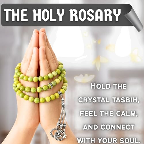 Amazing Gemstone Green Jade Tasbeeh with Moon and Star Charm - Certified Crystal Muslim Prayer Beads Natural Gemstone Tasbih Gift for Ramadan Dhikr and Daily Namaz (S) - color: Green Jade