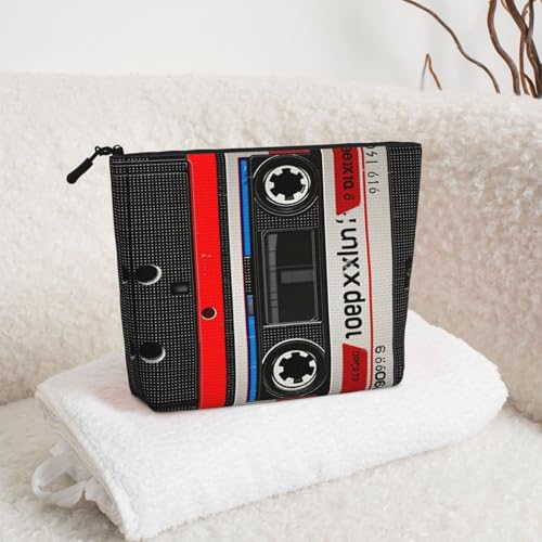 Red Tape Cassette Label Fake Hemp Makeup Bag Travel Bags Toiletry Pouch With Zipper 9.45 X 6.7 In - color: Red Tape Cassette Label