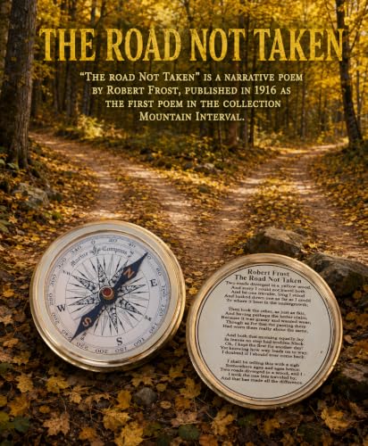 Antiqued Brass Robert Frost Poem Compass with Wooden Box, Inspirational Gifts for Woman, Aniversity Gifts for Men,Engraved,Wedding for Boys, Pocket Compass for Hiking Survival