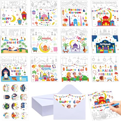36 Sets Eid Ramadan Mubarak Coloring Greeting Cards with Stickers Envelopes Color Your Own Eid Mubarak Postcards Ramadan Kareem Paper Crafts with 12 Paint Pens