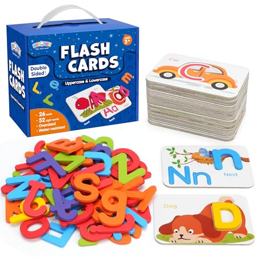 BenBen Alphabet Flash Cards, 52 Upper and Lowercase Wooden Letters, 26 Flashcards, Montessori ABC Learning Toys for Kids Ages 3-5, Preschool Learning Activities, Matching Game Puzzles