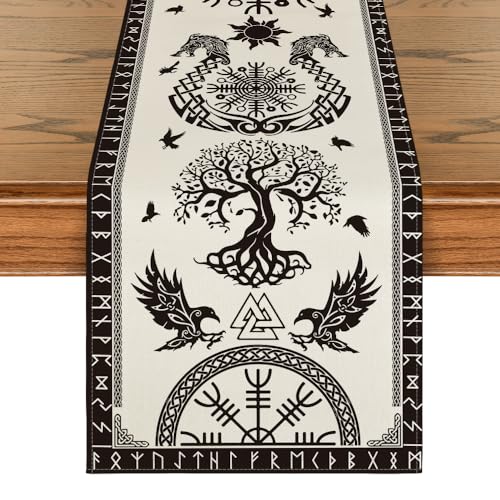 Artoid Mode Beige Viking Tree of Life Raven Helmet of Awe Table Runner, Seasonal Kitchen Dining Table Decoration for Home Party Decor 13x36 Inch - color: Beige, size: 13" x 36", Table Runner