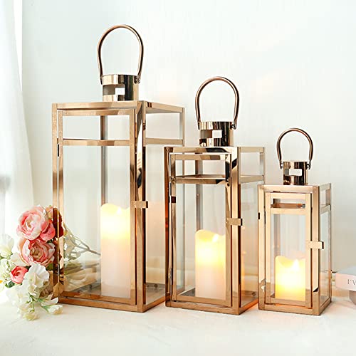 TRIROCKS Set of 3 Stainless Steel Candle Lantern 19/15/12'' High Metal Candle Holder with Tempered Glass Panels Perfect for Home Decor Living Room Parties Events Tabletop Indoors Outdoors (Rose Gold) - color: Rose Gold