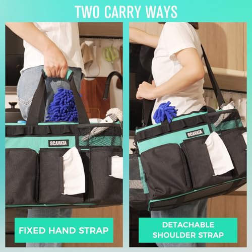 SCAVATA Wearable Cleaning Caddy Bag, Cleaning Caddy Supplies Organizer with Handle & Shoulder Straps for Housekeepers, Under Sink & Car Cleaning Tool Organizers with 4 Foldable Divider (Lake Blue) - color: Lake Blue