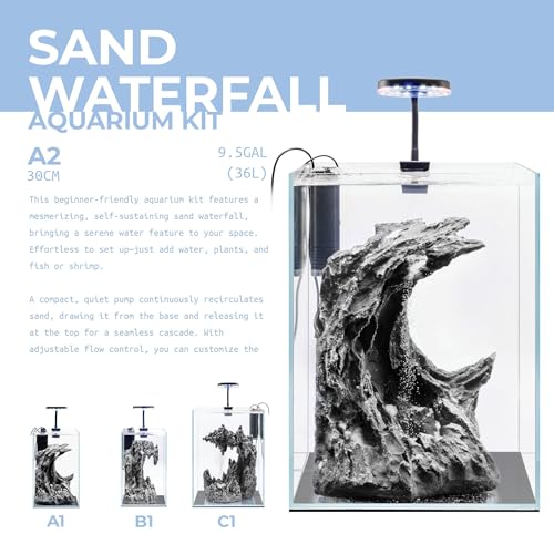 Aqua Worx Sand Waterfall Tank Kit - Silent Operation Falling Sand Fish Tank w/LED Light and Self Cleaning Filtration - Desktop Rimless Starter Aquarium Kit, Just Add Plants - 9.51GAL | 36L (A2) - size: A2 (30CM)