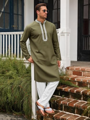 Runcati Mens Kaftan Thobe Cotton Henley Shirt Long Sleeve Embroidery Robe Casual Kurta Muslim Gown Shirt - color: Army Green, size: Medium