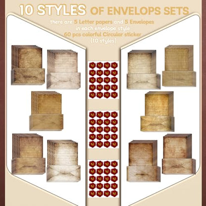 TaoBary 160 Pcs Stationery Paper Set 50 Double Sided Stationery Papers with 50 Matching Envelopes and 60 Round Dot Sticker, 10 Design(Vintage,8.5 x 11 Inch) - size: 8.5 x 11 Inch, style: Vintage