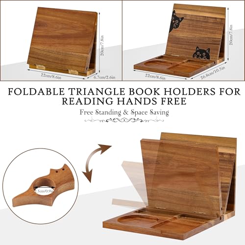 Book Holder Stand for Reading Rest, Wooden Foldable Book Rest with Book Page Holder, Cup, iPad & Phone Stand, Book Nook Reading Valet Desktop Triangle Bookstand Bookshelf for Readers Bookworms Gifts - color: Cat