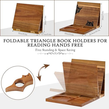 Book Holder Stand for Reading Rest, Wooden Foldable Book Rest with Book Page Holder, Cup, iPad & Phone Stand, Book Nook Reading Valet Desktop Triangle Bookstand Bookshelf for Readers Bookworms Gifts - color: Cat
