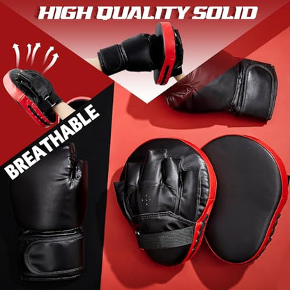 Foilswirl 4-in-1 2 Pairs Boxing Gloves and Punching Mitts Set for Kids, Boxing Gloves Pads Equipment Set for Training, Kickboxing, MMA, Karate, Muay Thai, Taekwondo, Martial Arts - color: Red and Black