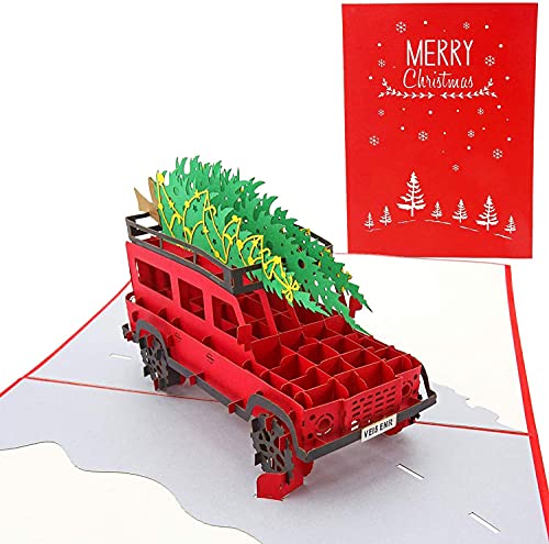 PopLife® Family Christmas Tree Car Pop Up Card, Handmade 3D Holiday Greeting, Blank Merry Christmas Note, Small Stocking Present for Friends and Family, Naughty or Nice - color: Family Christmas Tree Car