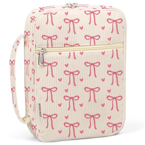 WOBAGMEN Bible Cover Case for Women,Cordoury Bible Cover for Men Women with Handle,Beign Bible Book Cover,Floral Carrying Case Bible Protective Christian Gift(Pink Bow, M) - color: Pink Bow, size: M