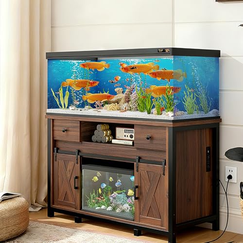 Farmhouse Fish Tank Stand w/Power Outlet – Heavy Duty Aquarium Cabinet, 800 lb Capacity, Adjustable Storage, Thickened MDF & Steel Frame, Sliding Barn Doors, (Light Brown, 75-120 Gallon)