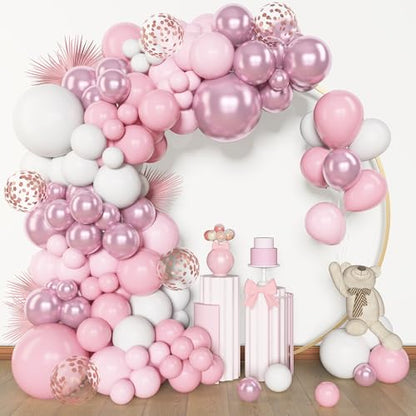 Amandir 153피스 핑크 화이트 풍선 아치 가랜드 키트 다양한 사이즈 45.7cm(18인치), 30.5cm(12인치), 25.4cm(10인치), 12.7cm(5인치), 파스텔 라이트 라텍스 메탈릭 컨페티 핑크 풍선, 어머니의 날 샤워 웨딩 보우 코케트 생일 파티 장식 - color: 베이비 핑크